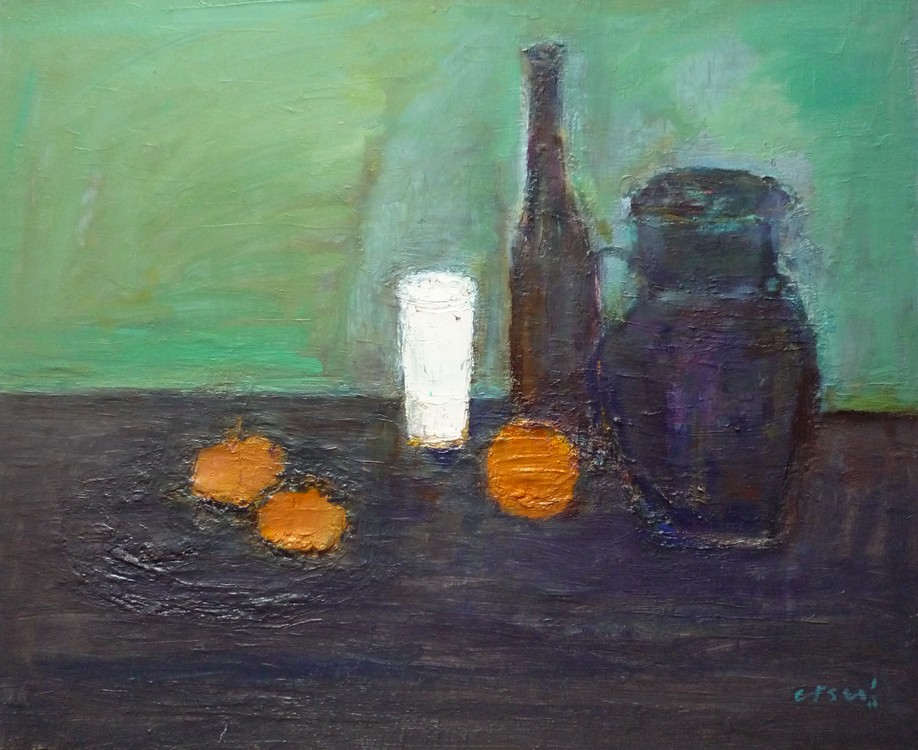 Nature morte : pichet, bouteille, verre, fruits