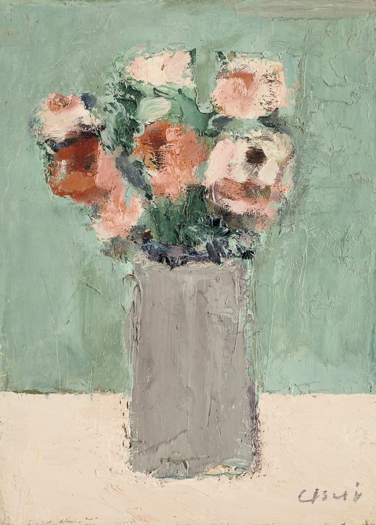 Bouquet de fleurs au vase gris