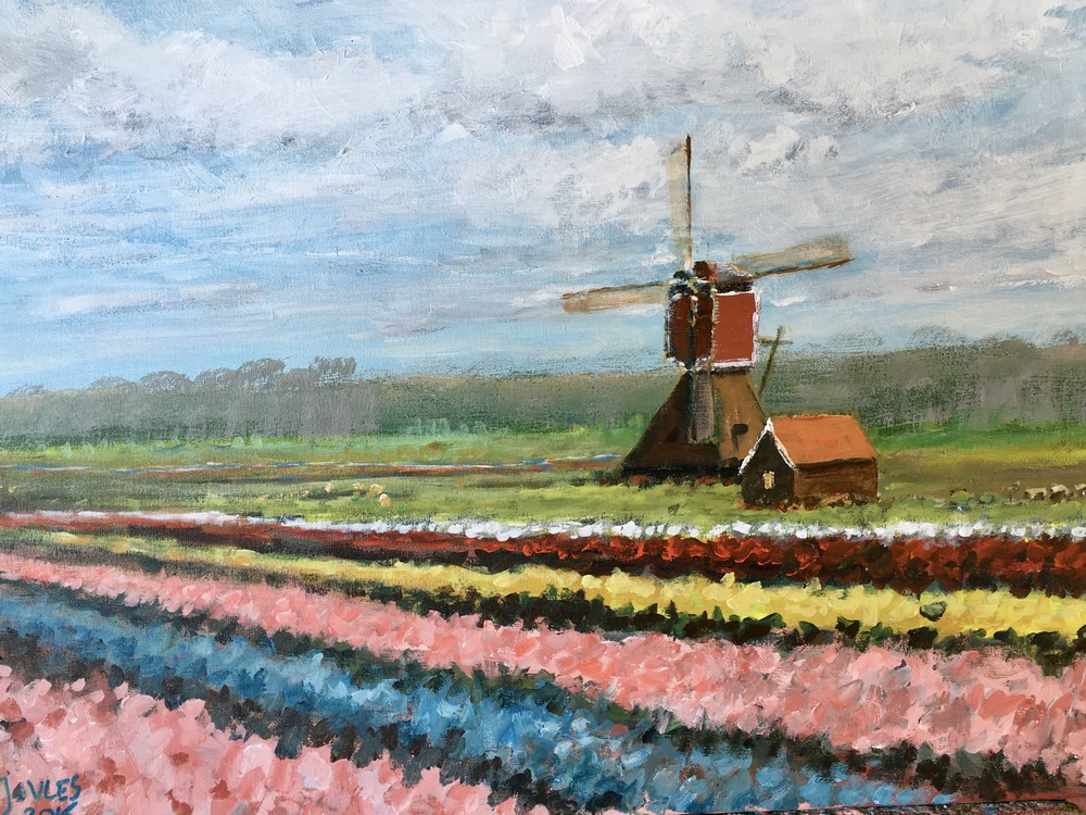 Moulin  vent dans le champ de fleurs, Pays-Bas