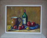 Nature morte avec bouteille, pichet et fruits